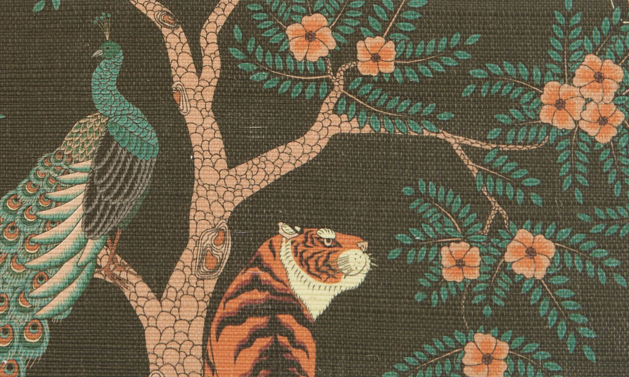 Grasscloth wallpaper with tiger print