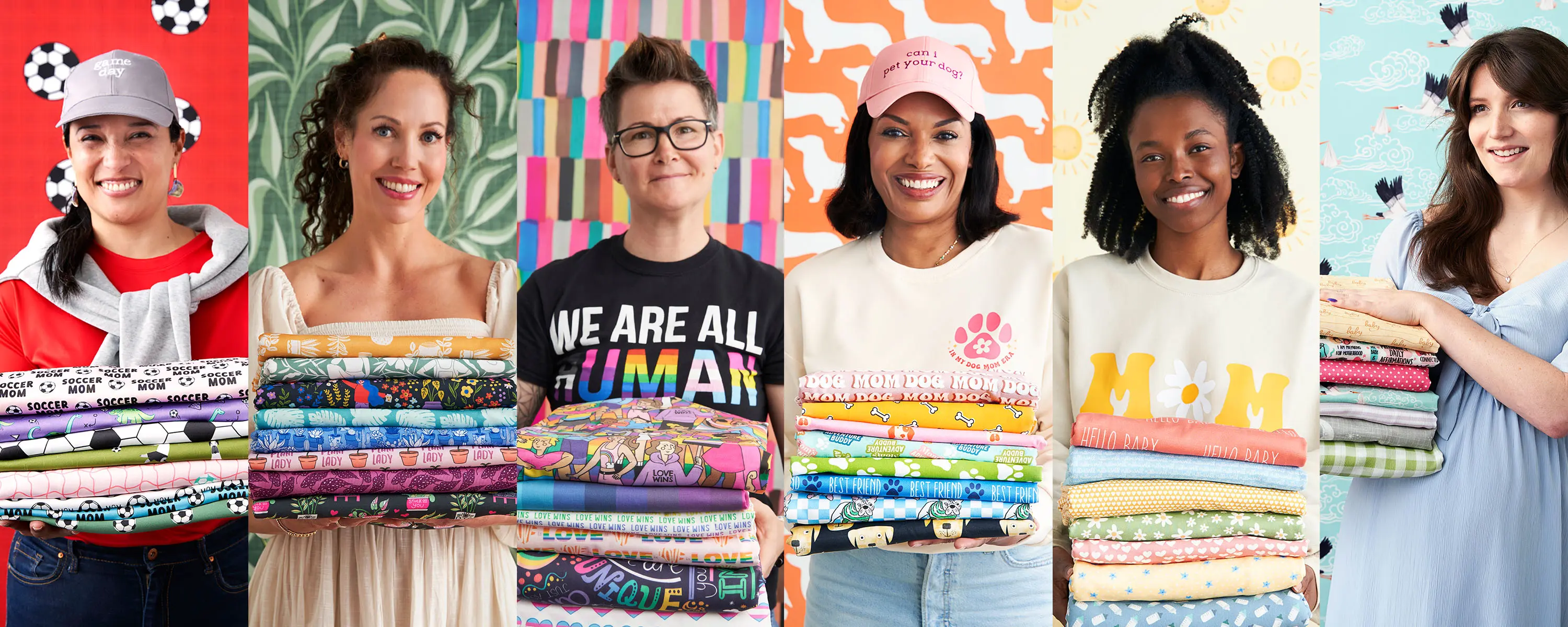 A photo collage group of moms holding mom inspired fabric stacks behind colorful wallpapers.