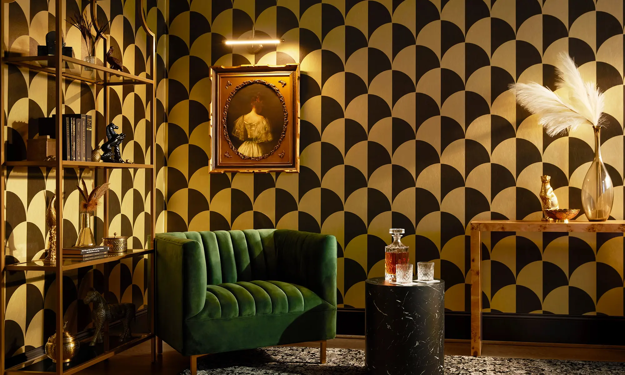 Gold and black metallic wallpaper in a study.