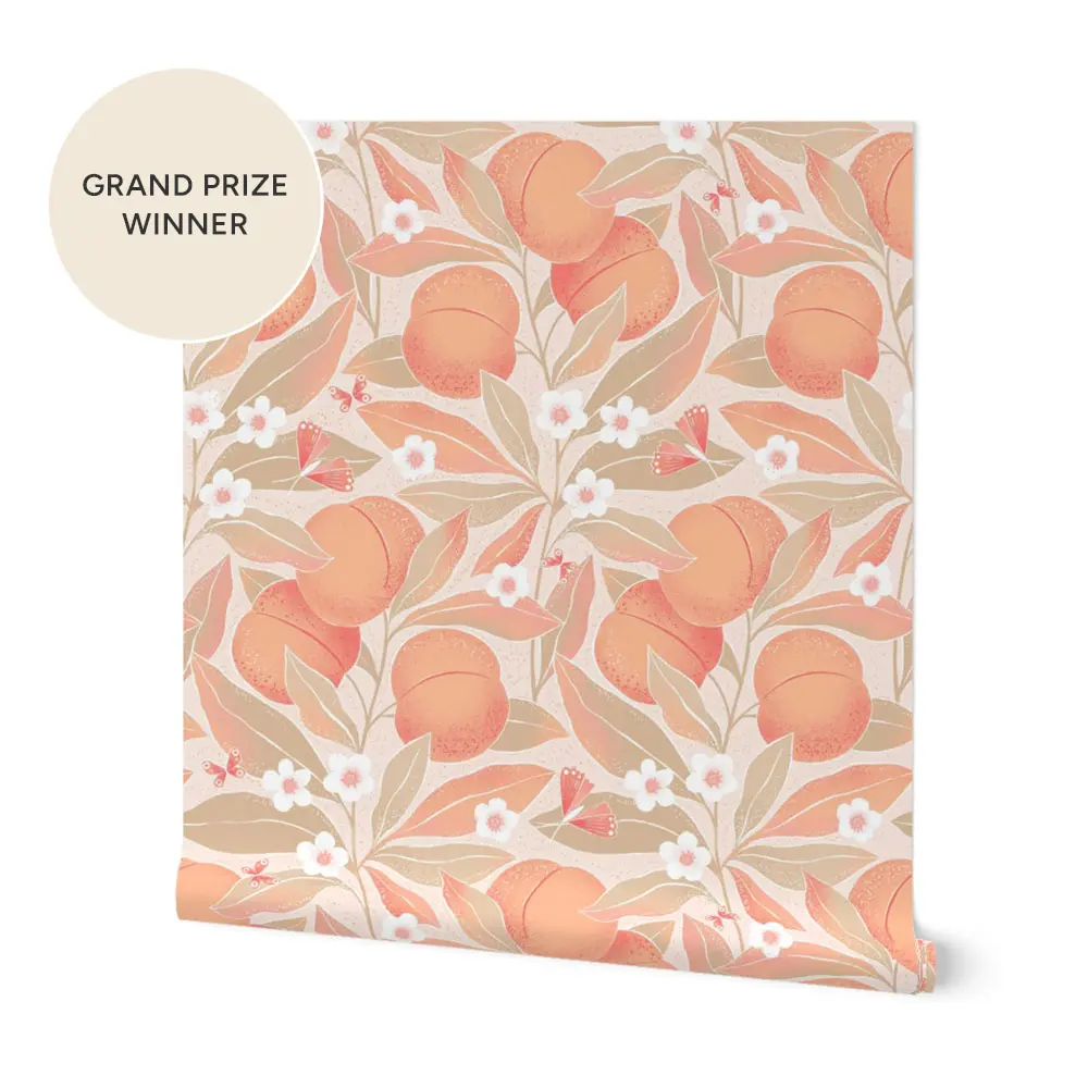 Peaches branches with leaves on light pink Wallpaper by elena_amo