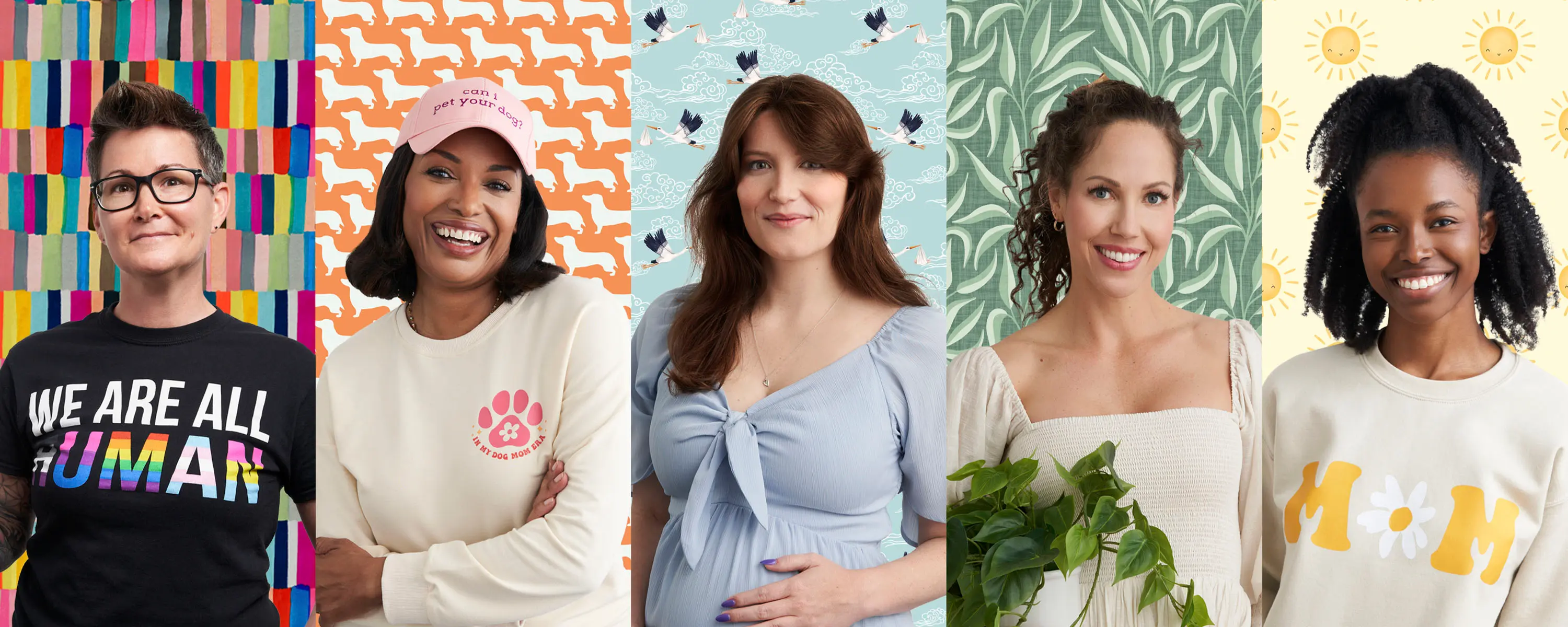 Various types of moms stand in front of wallpaper individually, composited into one image